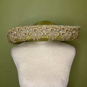 Mr John Vintage Hat 1980s style wide brim green gold white trim Flawed stained